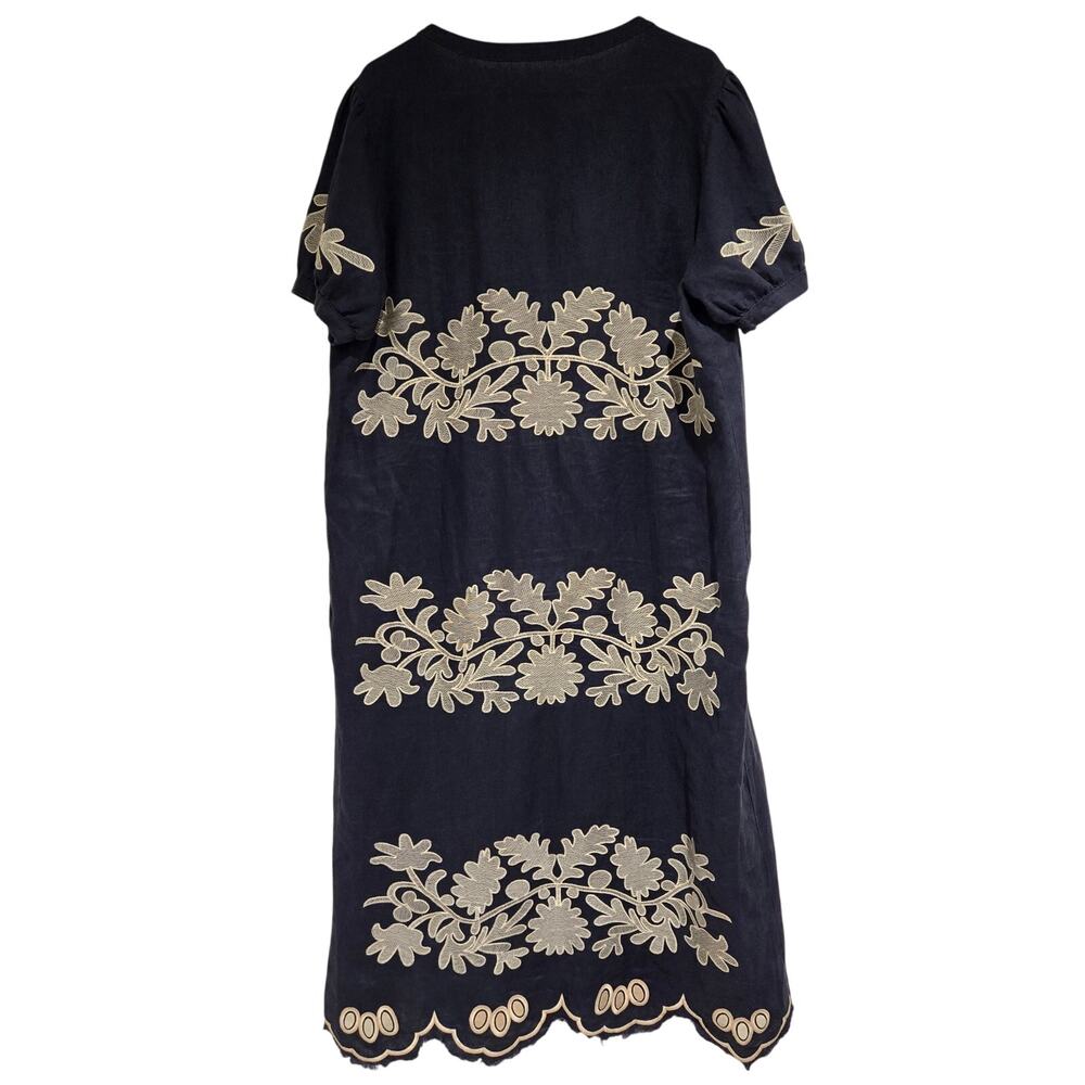 MAR Brazil Navy 100% Linen Embroidered Midi Shift Dress L Boho Mediterranean - Picture 3 of 10